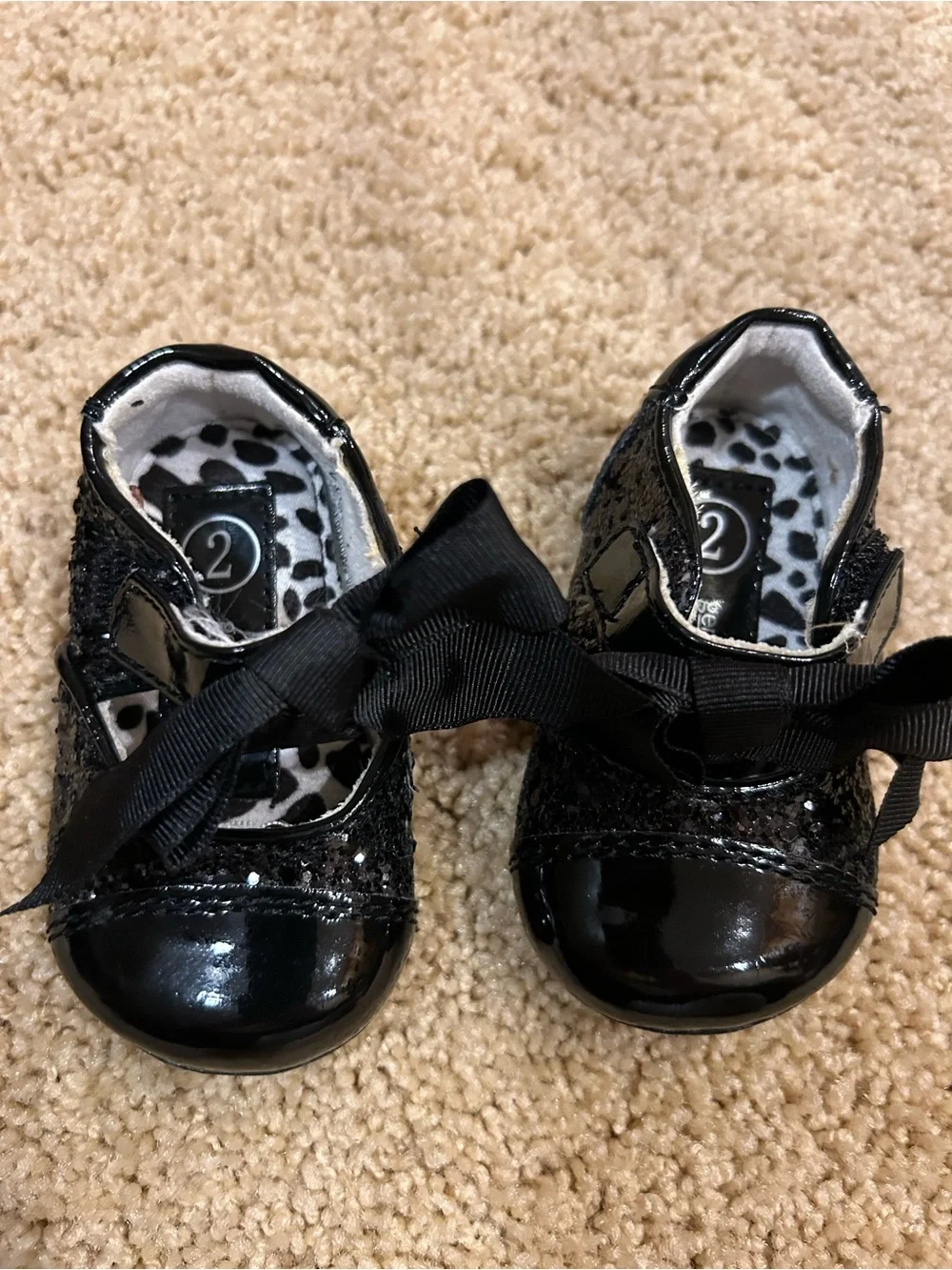Black Glitter Patent Ribbon Baby Walker Shoes